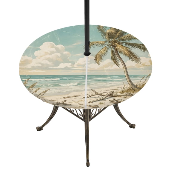 Vintage Tropical Beach Round Outdoor Tablecloth with Umbrella Hole Zipper, Summer Coastal Palm Tree Ocean Elastic Fitted Table Cover, Waterproof Table Cloth for Patio Picnic Party Fits 45"-54"