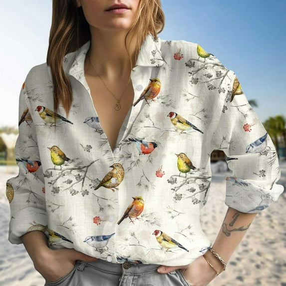 Vintage Tropical Bird Blouses Shirt, Bird Women Casual Shirt, Women's Clothing, Button Up Shirt, Long Sleeve Shirt, Gift For Her