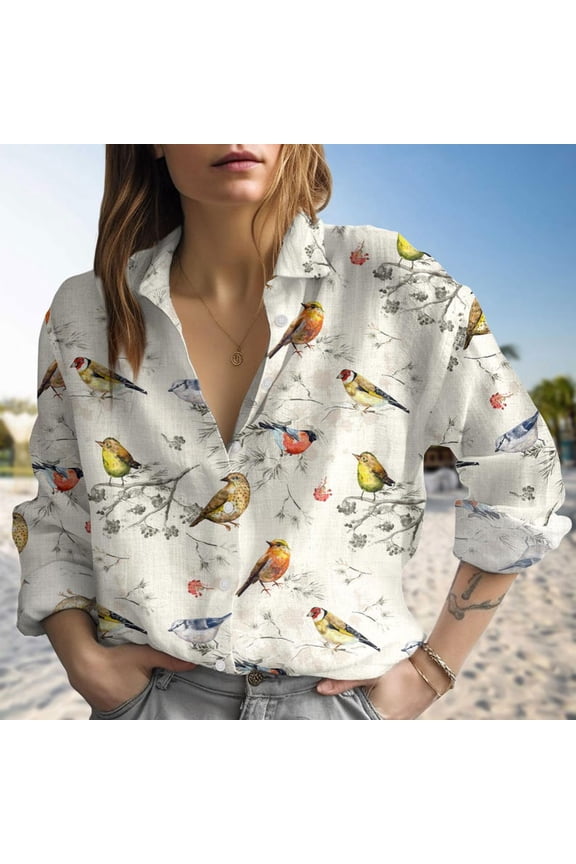 Vintage Tropical Bird Blouses Shirt, Bird Women Casual Shirt, Women's Clothing, Button Up Shirt, Long Sleeve Shirt, Gift For Her