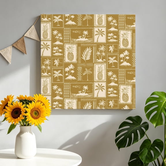 Vintage Tropical Canvas Wall Art, Pineapple Palm Tree Summer Vacation Beige Pictures Wall Decor Wooden Framed Artwork Art Prints for Living Room Hallway Bedroom Office 10"x10"