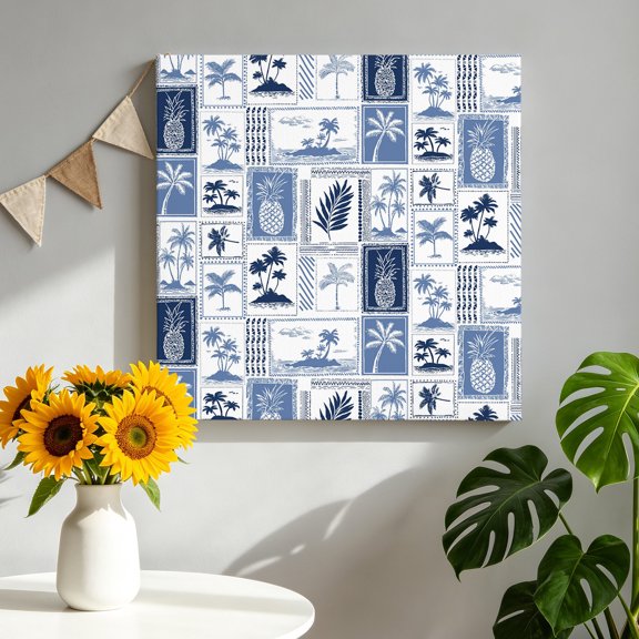 Vintage Tropical Canvas Wall Art, Pineapple Palm Tree Summer Vacation Blue Pictures Wall Decor Wooden Framed Artwork Art Prints for Living Room Hallway Bedroom Office 8"x8"