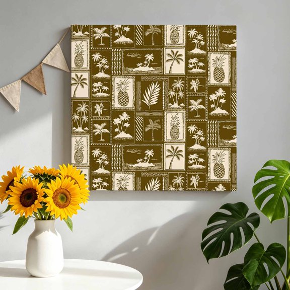 Vintage Tropical Canvas Wall Art, Pineapple Palm Tree Summer Vacation Brown Pictures Wall Decor Wooden Framed Artwork Art Prints for Living Room Hallway Bedroom Office 8"x8"