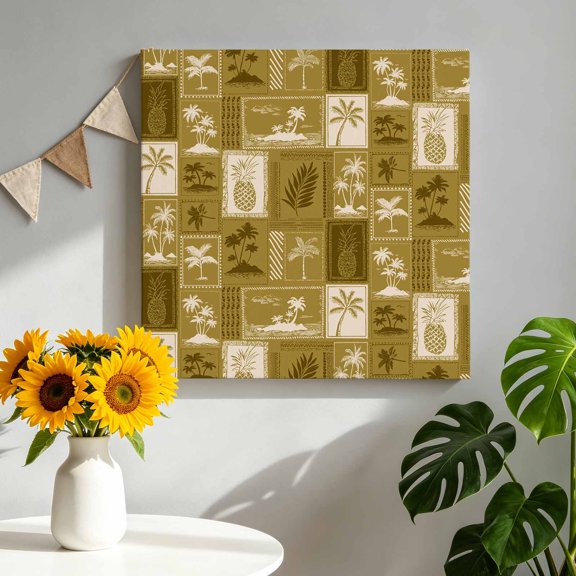 Vintage Tropical Canvas Wall Art, Pineapple Palm Tree Summer Vacation Pictures Wall Decor Wooden Framed Artwork Art Prints for Living Room Hallway Bedroom Office 8"x8"