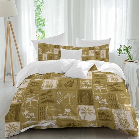 Vintage Tropical Comforter Set Full Size, Pineapple Palm Tree Summer Vacation Soft Bedding Set for Man Woman, 4 Pieces Duvet Cover Set with Fitted Sheet, 2 Pillowcases