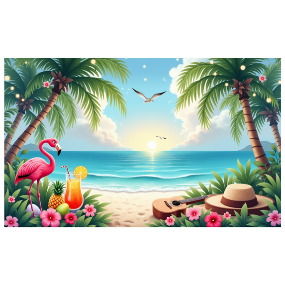 Vintage Tropical Flamingo Banner Palm Trees Beach Sunset for Summer Beach Party Wedding Travel
