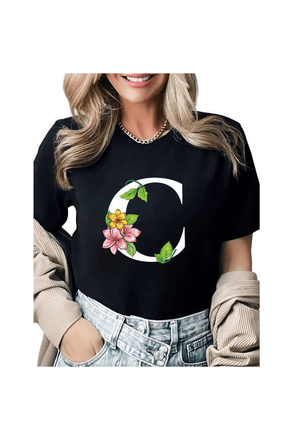 Vintage Tropical Flower Letter C Monogram Lover Gift Graphic Tees Womans T shirt Black White S-5XL Tops