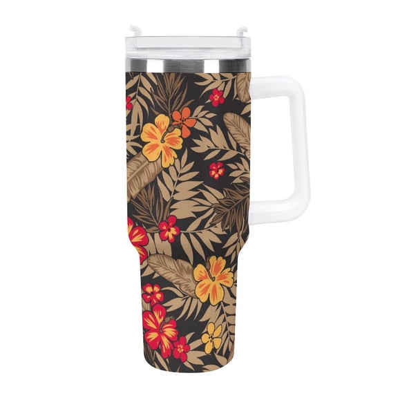Vintage Tropical Flowers 40 Oz Tumbler with Handle and Straw Lid, Stainless Steel Insulated Travel Coffee Mug, Vacuum Insulated Water Bottle for Home, Office, Car, Keep Hot/Cold for Hours