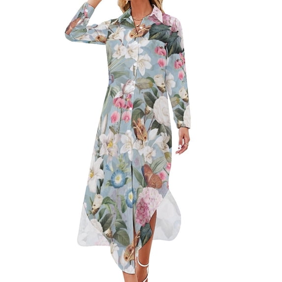 Vintage Tropical Flowers - Hydrangea Lilies Camellia And Exotic Butterflies on Sepia Teal Long Sleeved Shirt Dress