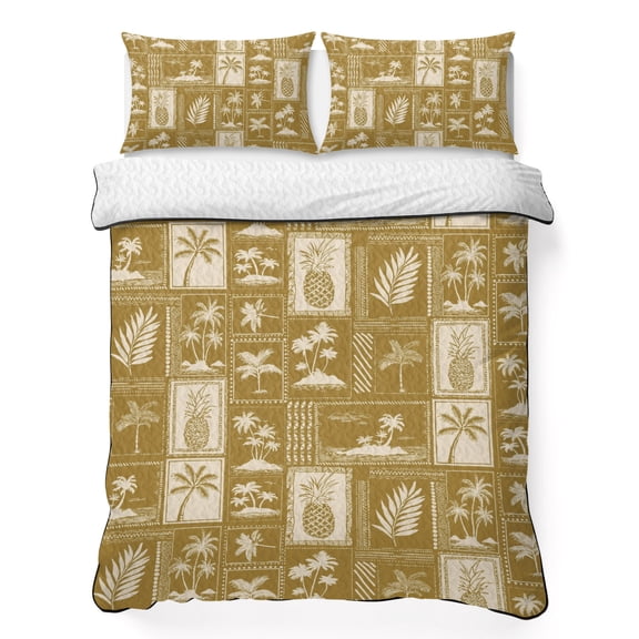 Vintage Tropical Full Quilt Bedding Set, Pineapple Palm Tree Summer Vacation Beige Lightweight Comforter with 2 Pillow Shams Bedroom Bedspread Set Home Decor for All Seasons