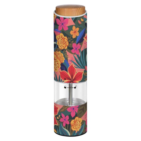 Vintage Tropical Hibiscus Bloom Printed Electric Pepper Mill One-Touch Battery Operated Salt Grinder Adjustable Coarseness Decorative Counter Spice Tool