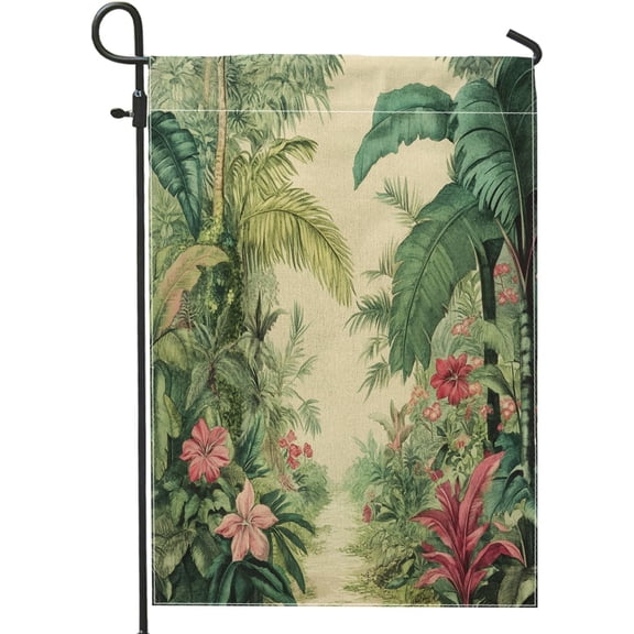 Vintage Tropical Jungle Garden Flag 12x18 Inch Double Sided Burlap Outdoor Lawn Flag Retro Rainforest Scenic Nature Backyard Small House Flag Decor