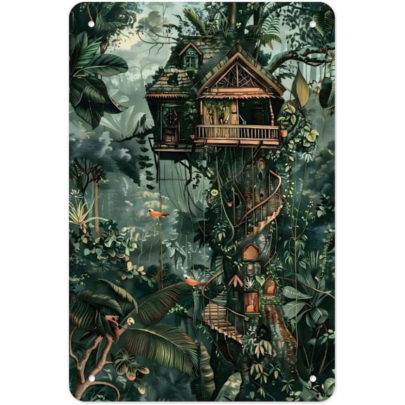 Vintage Tropical Jungle Treehouse Metal Sign 12x8 Inch Botanical Forest Cabin Illustration Tin Sign Poster Wall Decor for Living Room Bedroom Office Cafe Nature Lover Gift