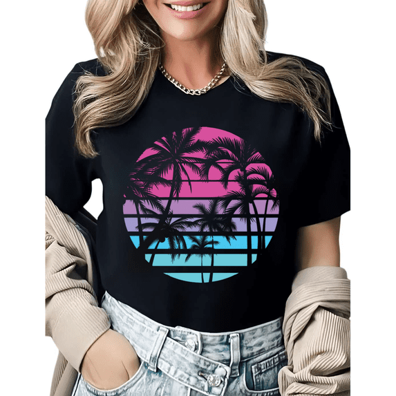 Vintage Tropical Palm Tree Sunset Graphic Tees Womans Tshirt Tops Black/White S-5XL