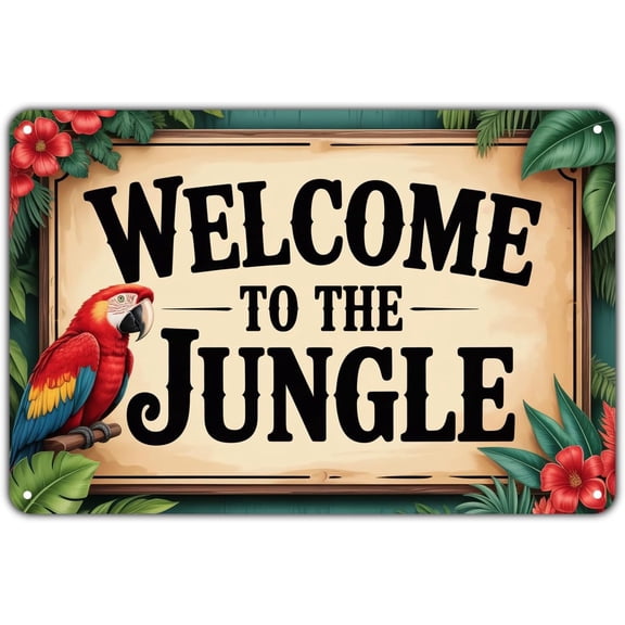 Vintage Tropical Parrot Metal Tin Sign, Welcome to the Jungle Wall Decor for Garden, Porch, Bar, Garage, Home, Kitchen, 8 x 12 Inch, Easy to Hang
