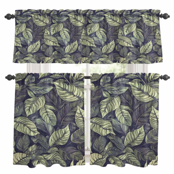 Vintage Tropical Plant Kitchen Curtains Valances and Tiers Set of 3 Palm Leaf Green Leaves Tier Curtains and Valance with Rod Pocket for Small Windows, 27.5"x24"
