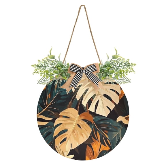 Vintage Tropical Plants Front Door Porch Decoration Hanging Sign with Artificial Green Plants and Bow for Home Outdoor Indoor