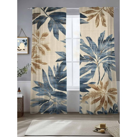 Vintage Tropical Plants Sheer Curtains 84 Inches Long 2 Panels Blue Brown Palm Leaf Light Filtering Semi Sheer Window Curtains Drapes for Bedroom Living Room 52"x84"