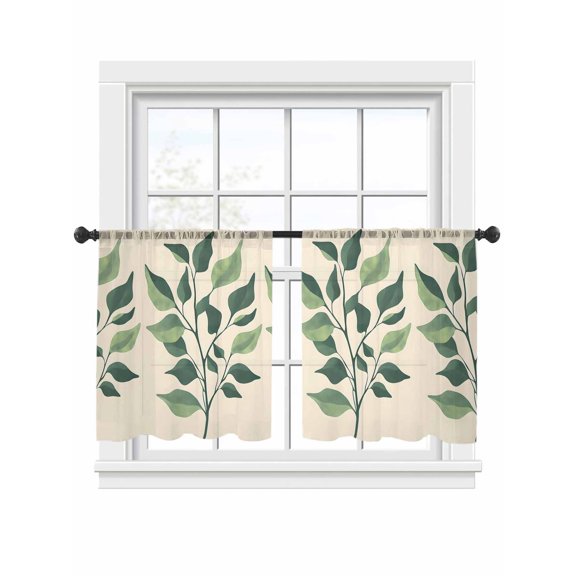 Vintage Tropical Plants Sheer Curtains for Living Room Bedroom, Light-filtering Sheer Curtain, Abstract Green Leaf Light-Rod Pocket Voile Window Treatment Drapes, 52’’Wx45’’L, 2 Panels Set