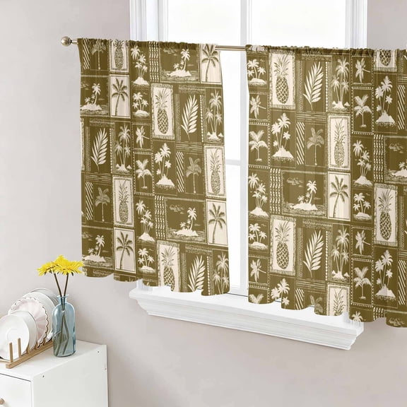Vintage Tropical Sheer Curtains for Living Room Bedroom, Pineapple Palm Tree Summer Vacation Brown Light Filtering Sheer Curtain Rod Pocket Voile Window Treaments Drapes, 52 x 45 Inches