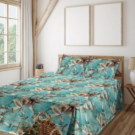 Ambesonne Vintage Tropical Fitted & Flat Sheet with Shams 4 Pcs Set, Exotic Petals Art, Queen, Turquoise Pastel Brown