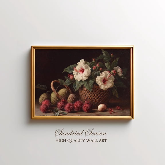 Vintage Tropical Still Life Print, Hibiscus Flowers & Exotic Mangosteen Fruit Basket Wall Art, Rambutan Kitchen, Dining Room Decor UNFRAMED Poster, Wall Art for Decor, Present, 8x12