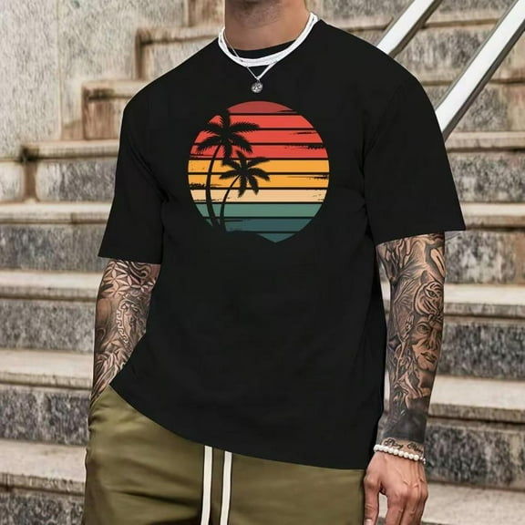 Vintage Tropical Sunset Graphic Tee Shirt Palm Trees Beach Tops Short Sleeve Crew Neck Black S-5XL