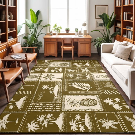 Vintage Tropical Washable Area Rug 9 x 12 ft Pineapple Palm Tree Summer Vacation Brown, Soft Non Slip Rugs Stain Repellent Indoor Felt Carpet for Living Dining Room Bedroom Home Office