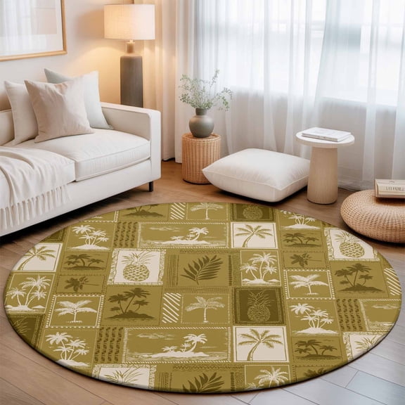 Vintage Tropical Washable Round Area Rug 3 ft, Pineapple Palm Tree Summer Vacation, Soft Non Slip Rugs Stain Repellent Indoor Felt Carpet for Living Dining Room Bedroom Home Office