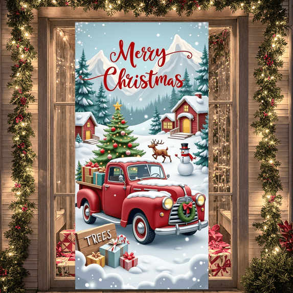 Vintage Truck Christmas Banner with Gifts Snowy Scenery for Holiday Party Indoor Outdoor Decoration