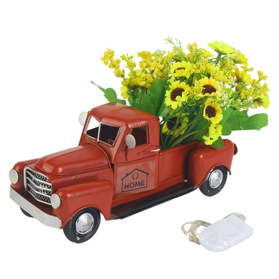 Vintage Truck Decor with Sunflowers Artificial Flowers Farmhouse Table Decor, LED String Lights Metal Truck Sunflower Decor for Home Rustic Farmhouse Tiered Tray Decor, Table Top Decor,Red,21x9x10cm