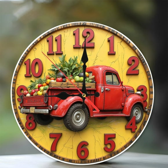 Vintage Truck Farmer's Market Wall Clock 10-Inch Silent Wooden Wall Clock, Battery Operated (AA Batteries Not Included), Artistic Home Decor