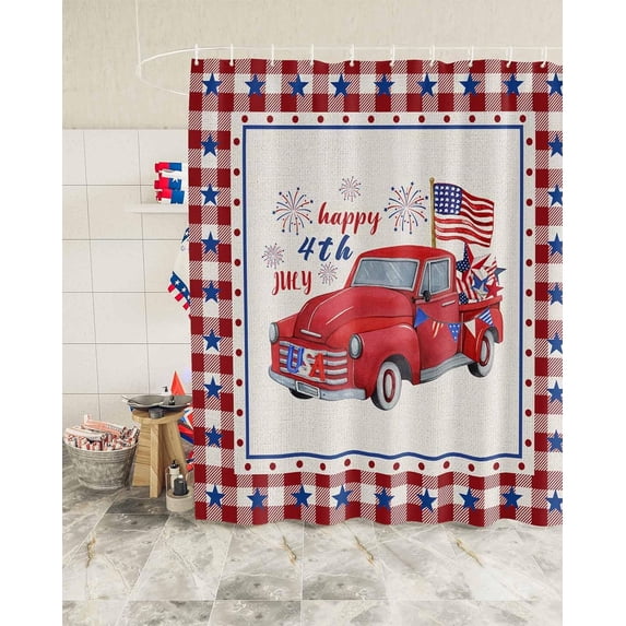 Vintage Truck Fourth of July Shower Curtain, American Flag Stars Shower Curtain Set with Hooks, Spring Summer Waterproof Fabric Shower Curtains for Bathroom Decor, 72x84 Inch Bath Curtain