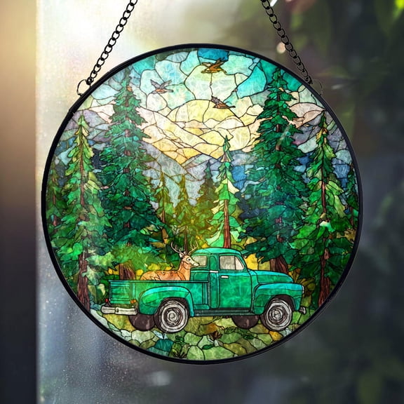 Vintage Truck Glass Suncatcher, Forest Mountain Scene Window Hanging Rustic Nature Cabin Lodge, 7.9 in
