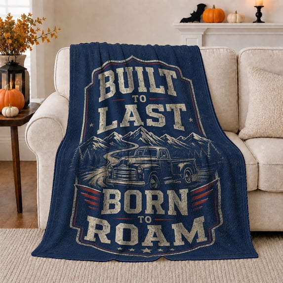 Vintage Truck Pine Forest Scene Adventure Nostalgic Rustic, Peaceful Mountain Lake Scene, Warm Flannel Blanket for Cabin and Lodge, Outdoor Lovers Father's Day Gift, Artistic Home Decor