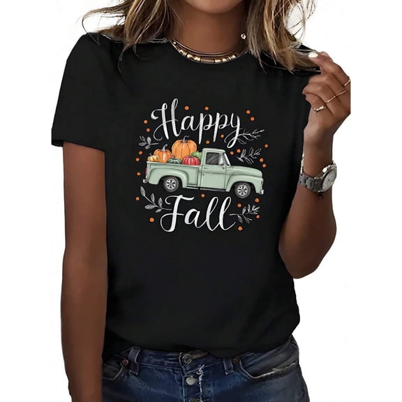 Vintage Truck Pumpkin Happy Fall Y'all Fall Graphic Crew Neck Short Sleeve T‑Shirt, Tops For Women