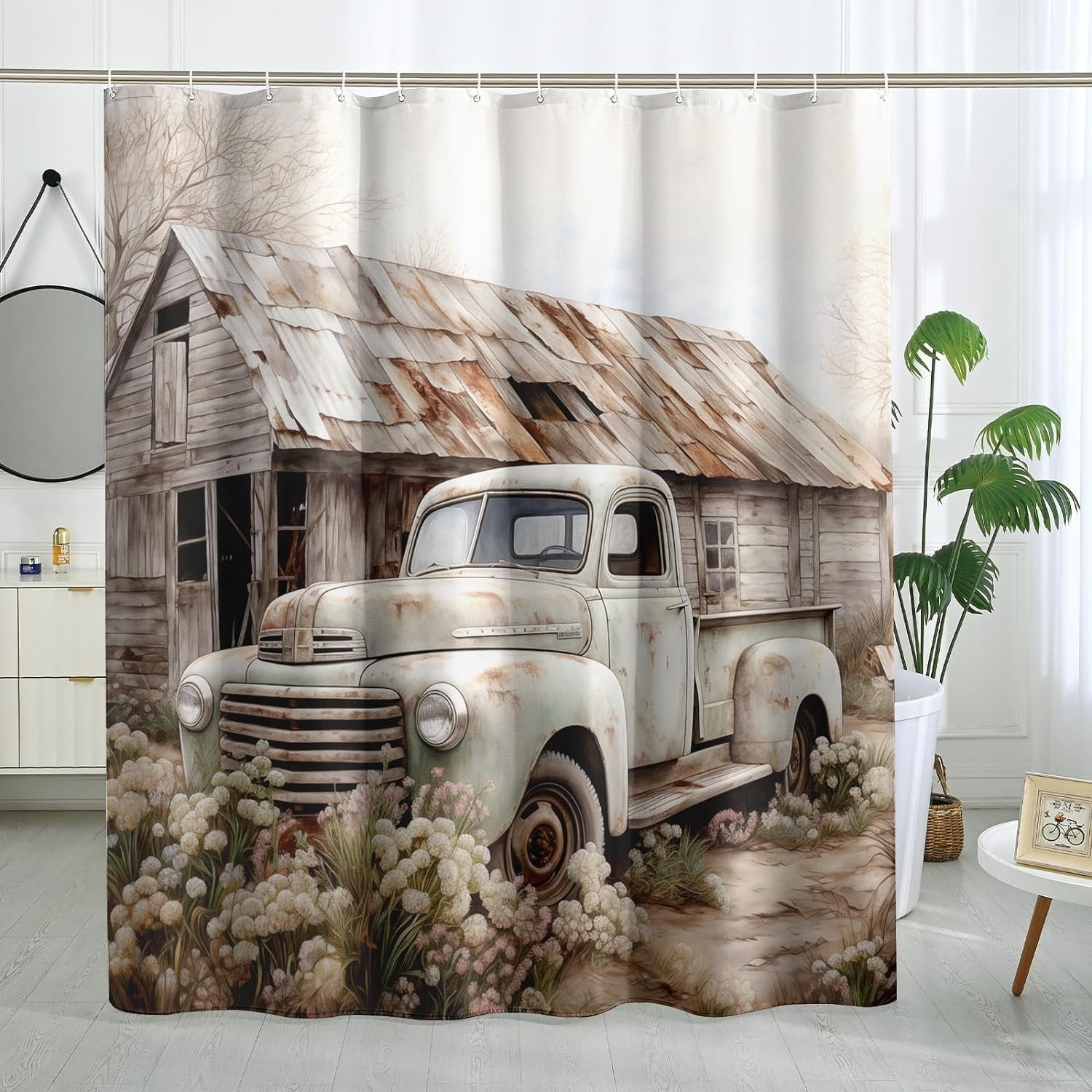Vintage Truck Shower Curtain Farmhouse Barn Shower Curtain Rustic Country Car Shower Curtain Bathroom Decor Polyester Fabric-72" x 72"