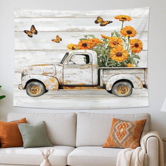 Vintage Truck Sunflower Tapestry, Butterflies Floral Bohemian Wall Hanging, Rustic Decor for Living Room, Bedroom, Dorm, 60 x 40 Inch
