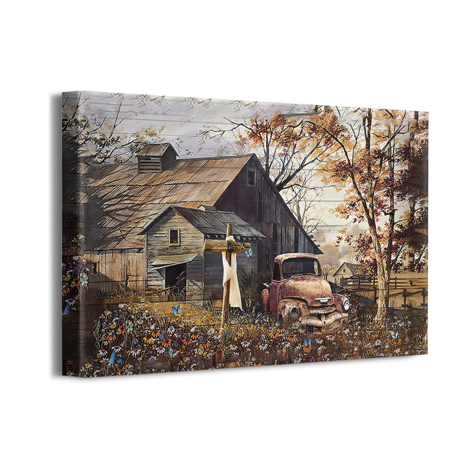 Vintage Truck Wall Art Rustic Landscape Wall Decor Farmhouse Old Barn