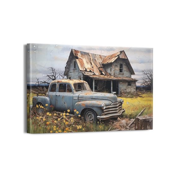 Vintage Truck Wall Art Rustic Landscape Wall Decor Farmhouse Old Barn Painting Christian Cross Canvas Prints Modern Artwork Framed Home Decor for Kitchen Bathroom Bedroom Living Room 18"x12"