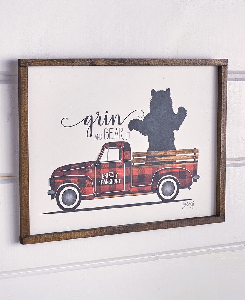 Red Plaid Vintage Truck with Bear Screen Print Wall Art