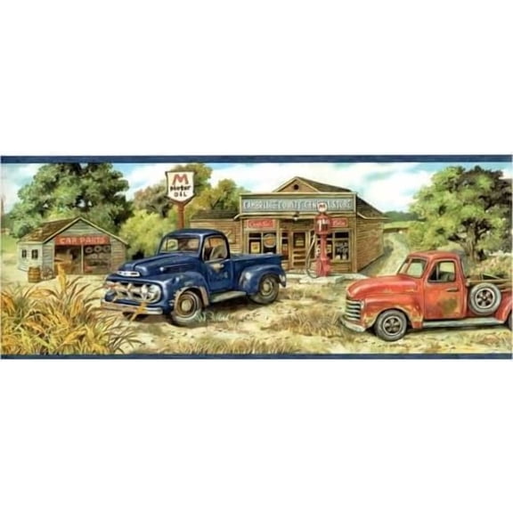 Vintage Truck Wallpaper Border, Americana Gas Station Scene, Red Blue Pickup Trucks, 15 ft x 6.8 in$$Tools & Hardware Other