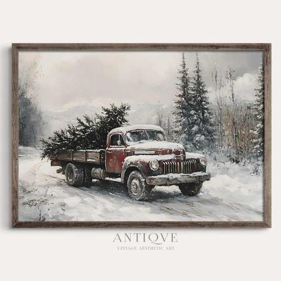 Vintage Truck With Tree In The Snow, Winter Art, Cozy Rustic Poster, Farmhouse,_H Home Decor UNFRAMED Poster, Wall Art for Decor, Present, 8x12