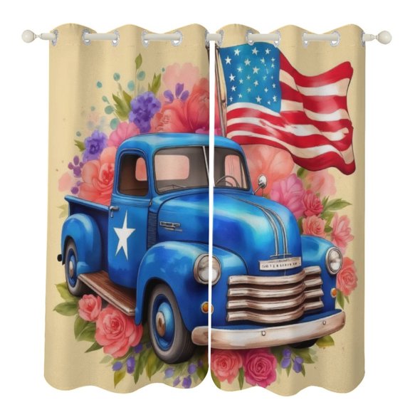 Vintage Truck with American Flag And Flowers Blackout Window Curtains for Bedroom Living Room Kicthen High Shading 2 Panels