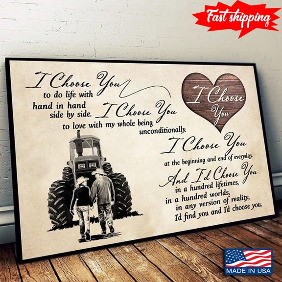 Vintage Trucker Couple Holding Hands I Choose You To Do Life With Hand In Hand Side By Side 24 x 36 Inch Poster