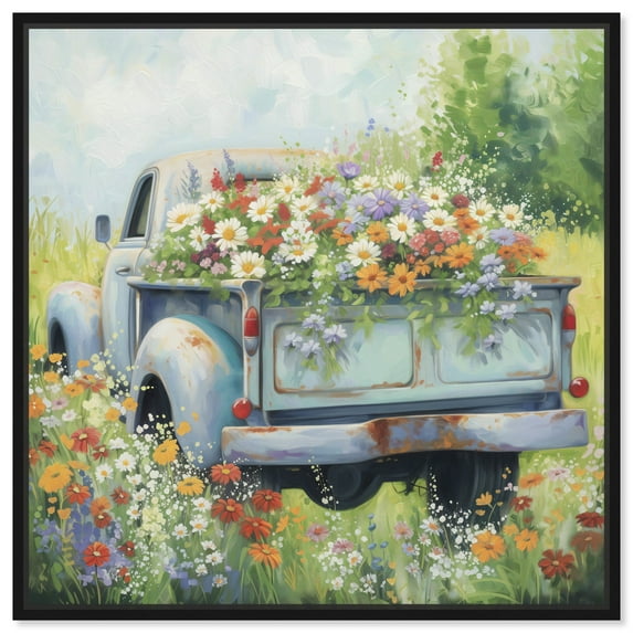 Vintage Trucks And Flowers Chic Farmhouse Canvas Wall Art by Art Remedy, Black Floater Frame, 20"x20"