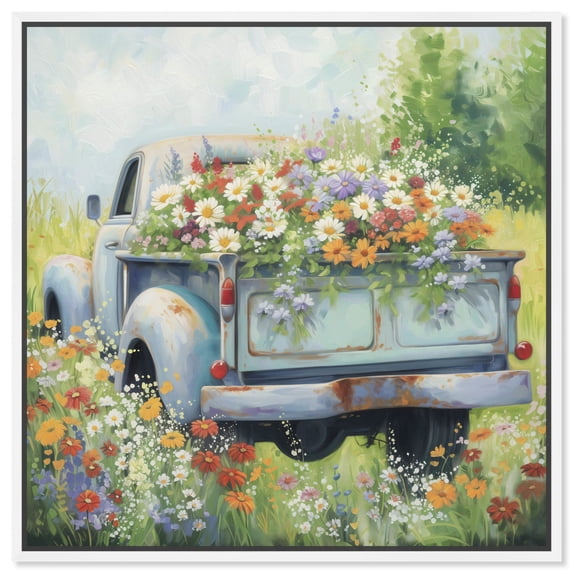 Vintage Trucks And Flowers Chic Farmhouse Canvas Wall Art by Art Remedy, White Floater Frame, 40"x40"