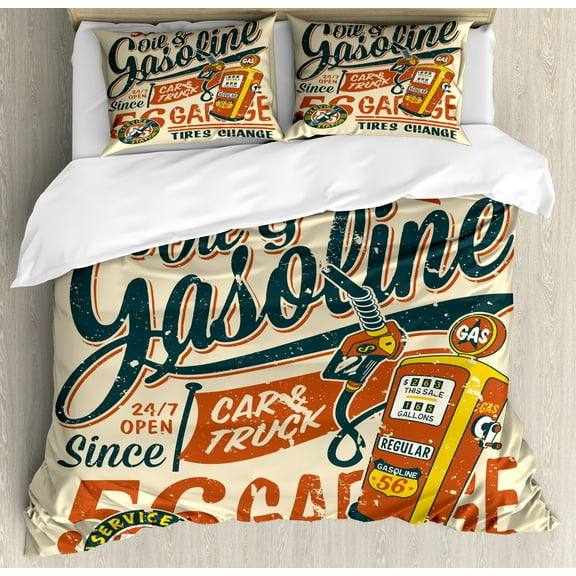 Vintage Trucks Duvet Cover Set, Grunge Style Poster Design Gasoline Station Garage Service Themed, Decorative 3 Piece Bedding Set with 2 Pillow Shams, Calking Size, Champagne Multicolor, by Ambesonne