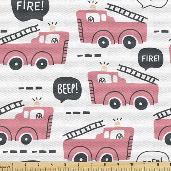 Vintage Trucks Sofa Upholstery Fabric by the Yard, Themed Pattern of Cartoon Style Pastel Tone Vehicle Art, Decorative Fabric for DIY & Home Accents, 3 Yards, Pastel Pink Dark Grey by Ambesonne