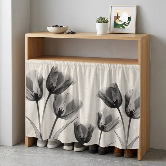 Vintage Tulip Cabinet Curtain 35"Wx35"L, Dustproof Under Sink Skirt with Self Adhesive Tape, Black Grey Beige Bloom Flower Floral Cabinet Curtain Cover for Kitchen Sink, Bathroom Vanity, Laundry Room