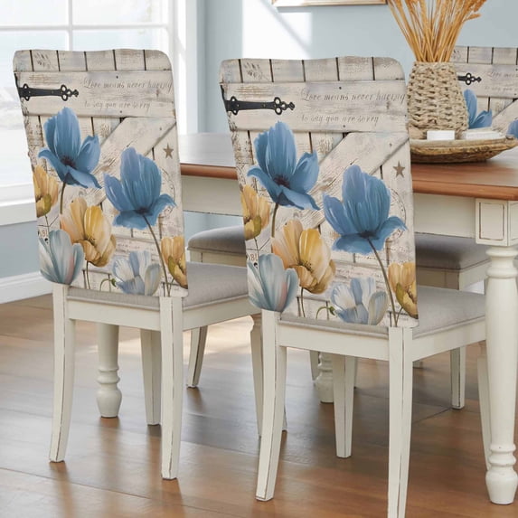 Vintage Tulip Dining Chair Back Cover Only, Farmhouse Retro Yellow Blue Flower Barn Door Set of 6 Chair Back Covers, Removable Washable for Dining Room, Banquet & Holiday Decoration